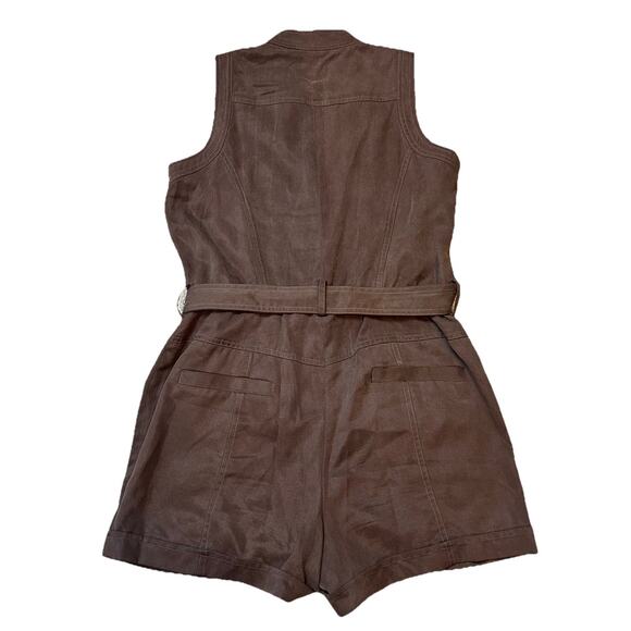 RARE Y2K Cache Tencel Romper Size S Gold Buttons Belted Mock Neck Breathable - Picture 2 of 9